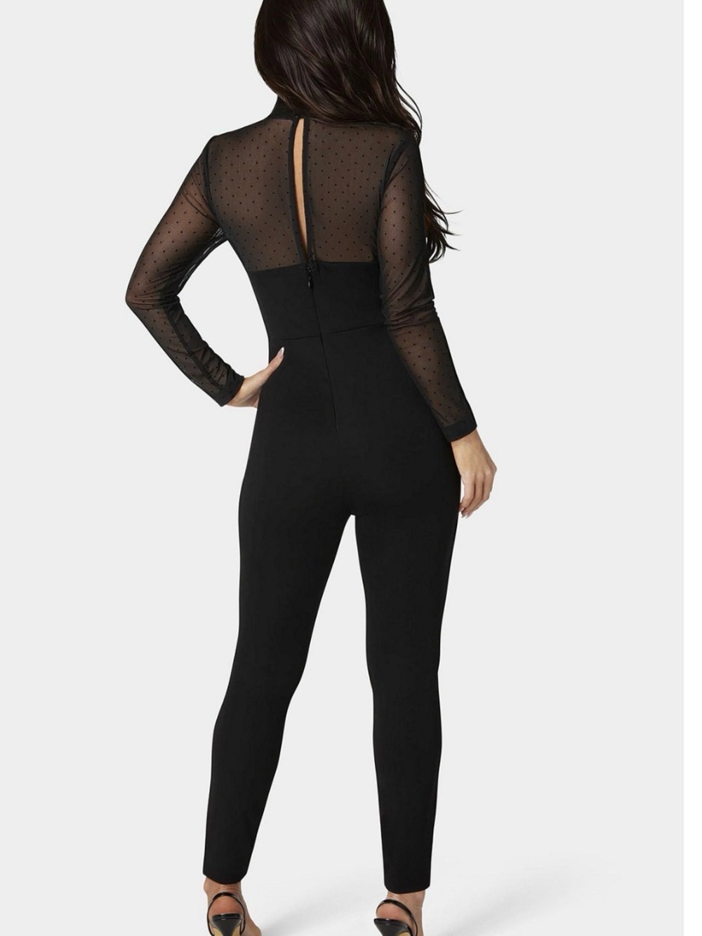 Women's Black Sheer Mesh and Lace Long Sleeve Cat Suit - Picture 3 of 9